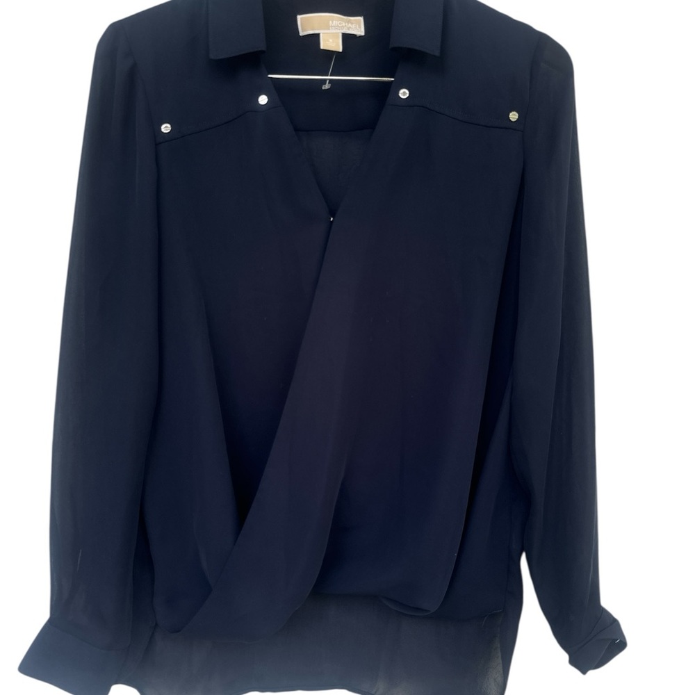 Michaels Blue Wrap Blouse with Notched Collar